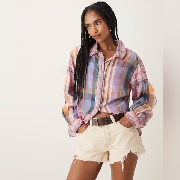 NWT Free People madras dream plaid shirt in pink Size S - Picture 1 of 8